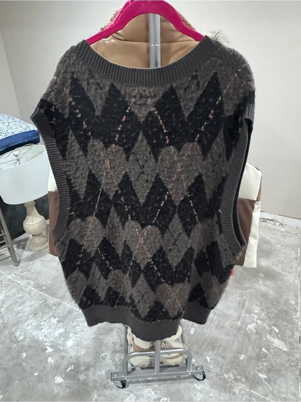 AllSaints Charcoal Grey and Black Argyle V-Neck Sweater Vest